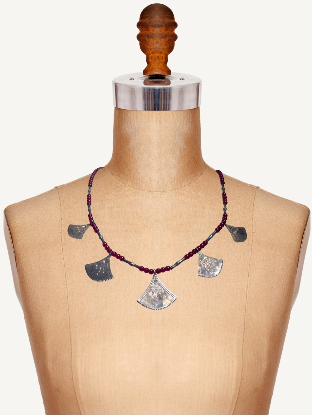 High-Grade Tuareg Silver Garnet Hand-Engraved Chatchat Necklace